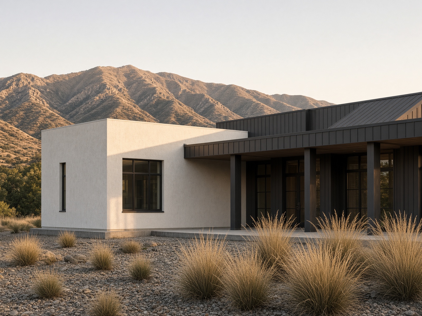 A modest contemporary commercial building in pale stucco with a colonnade and native grasses
