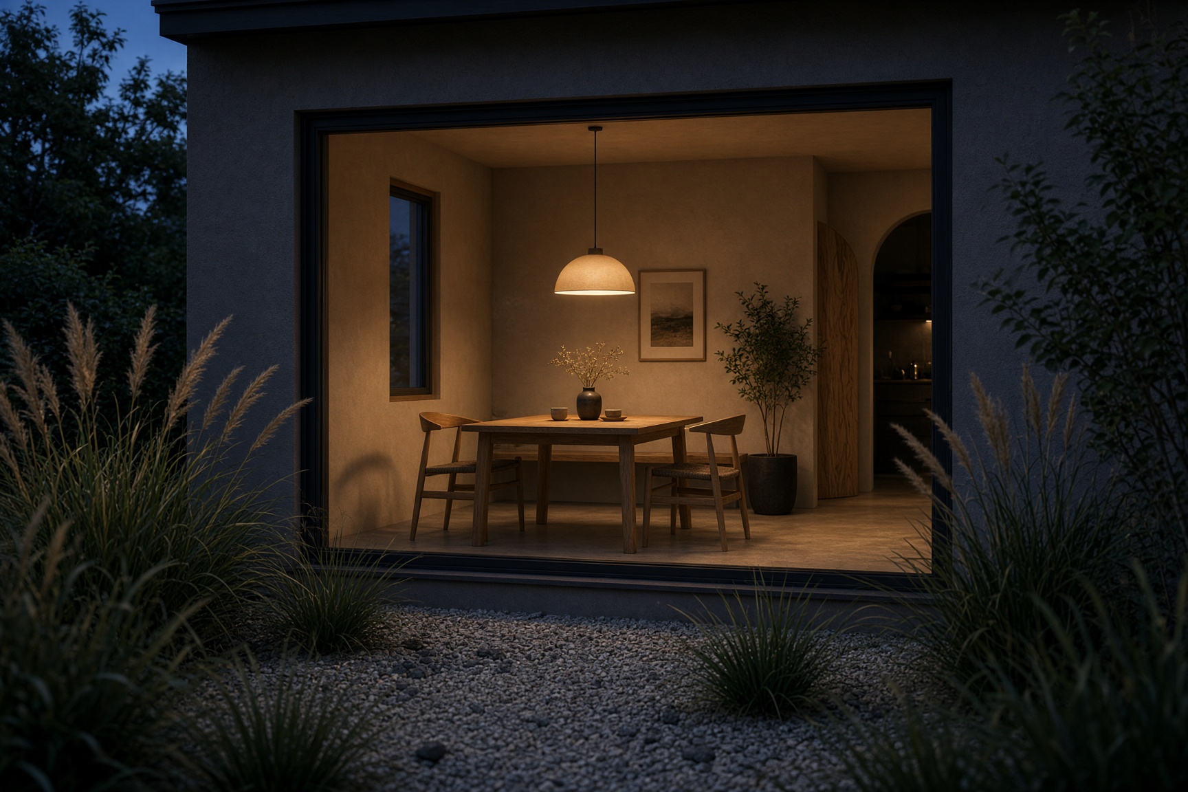 Warm interior light of a small ADU seen from the garden at dusk