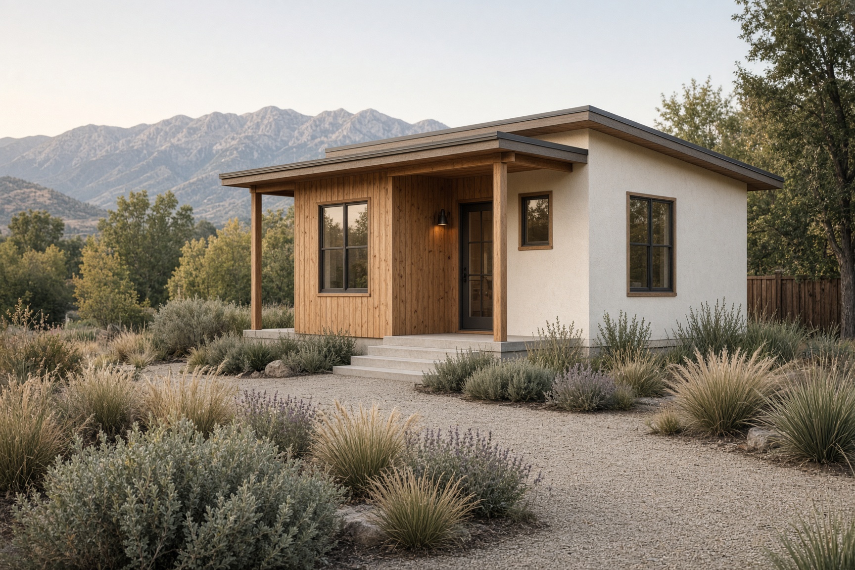 A detached backyard ADU with cedar, stucco, and a covered porch