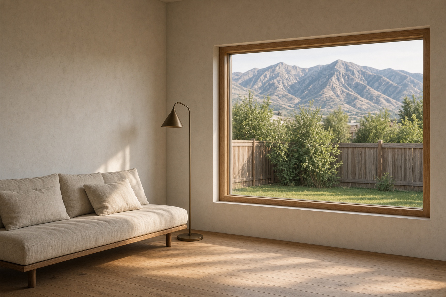 A quiet ADU living room with plaster walls, oak floors, and a window to the mountains