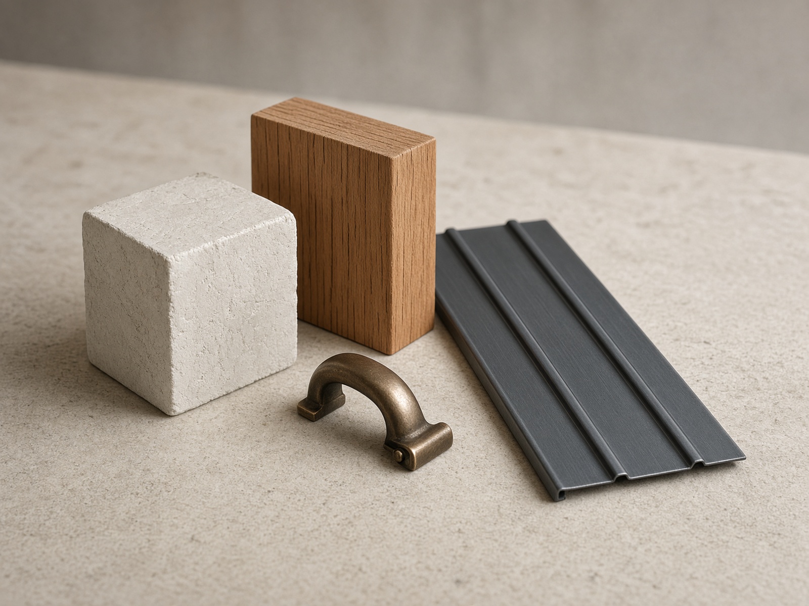 Samples of plaster, cedar, standing-seam metal, and bronze hardware
