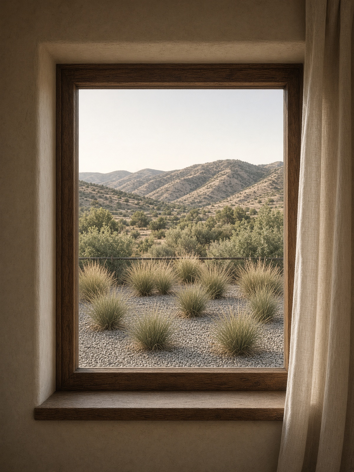 A window looking out to Utah foothills and a gravel garden